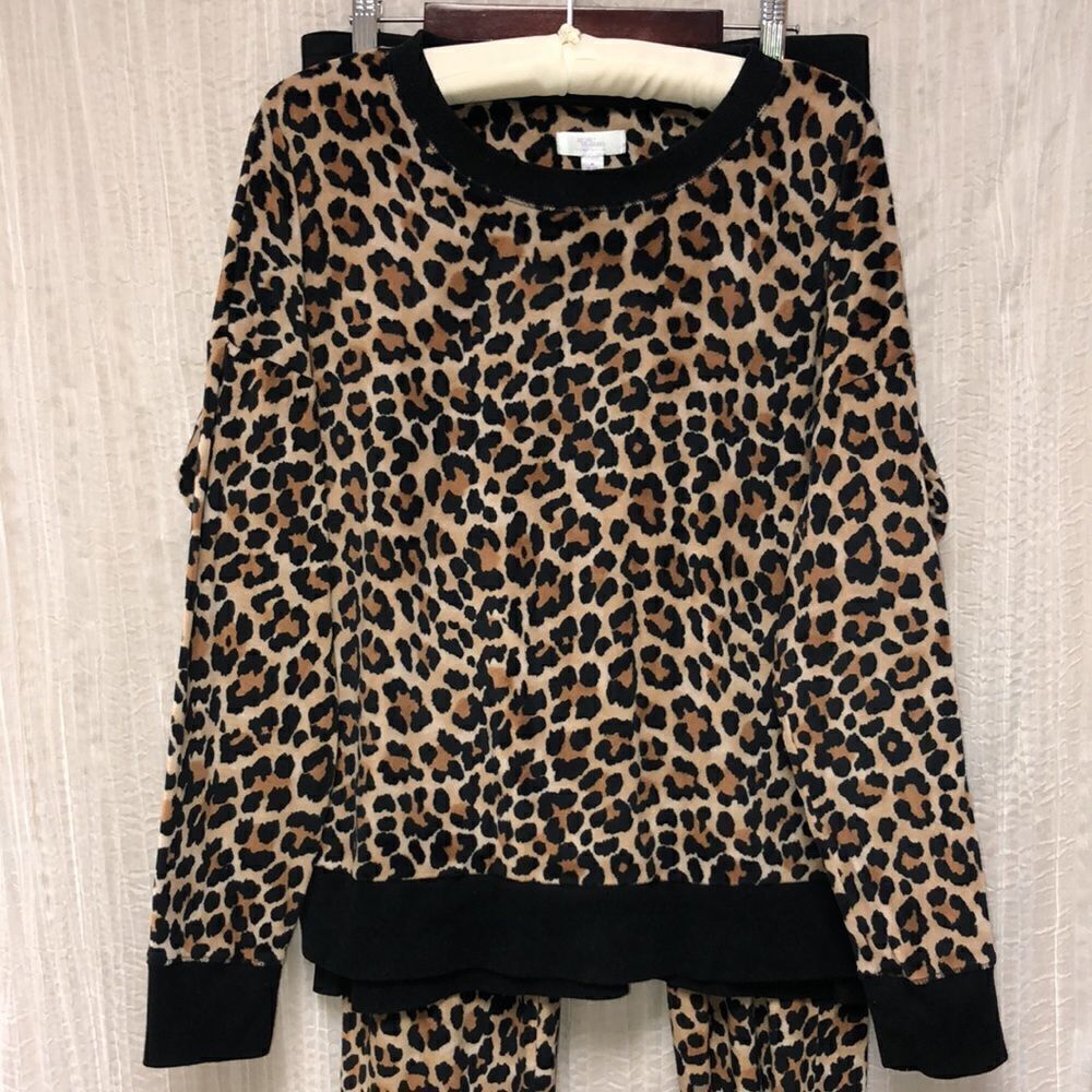 Secret Treasures M Sleepwear Lounge Velour Leopard Print Top & Bottom Set